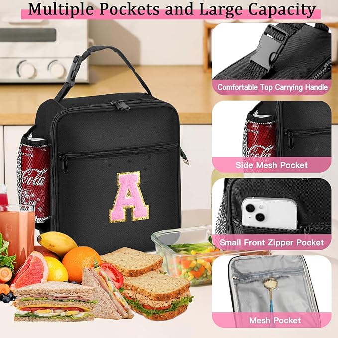 Initial Insulated Lunch Bag, Lunch Box with Initial Letter Patch for Teen Adult, Reusable Lunch Bag for Men Women, Ideal Back to School Gift Back to School Gift Birthday Gift, Pink A