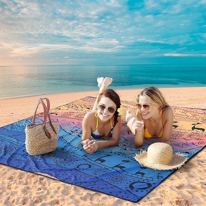 Beach Blanket Waterproof Sandproof Beach Mat 79" X 83"/10'x9'for 2-8 Adults Quick Drying Outdoor Picnic Mat Beach Accessories for Travel, Camping, Hiking