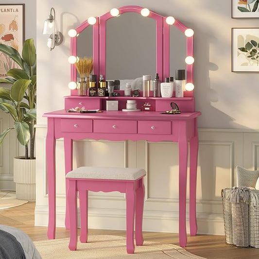 Tiptiper Pink Vanity with Tri-Fold Mirror, 10 Hollywood Lights & Stool, Girls Makeup Vanity Table with 5 Drawers & Jewelry Hooks, 3 Light Settings & Adjustable Brightness, Pink