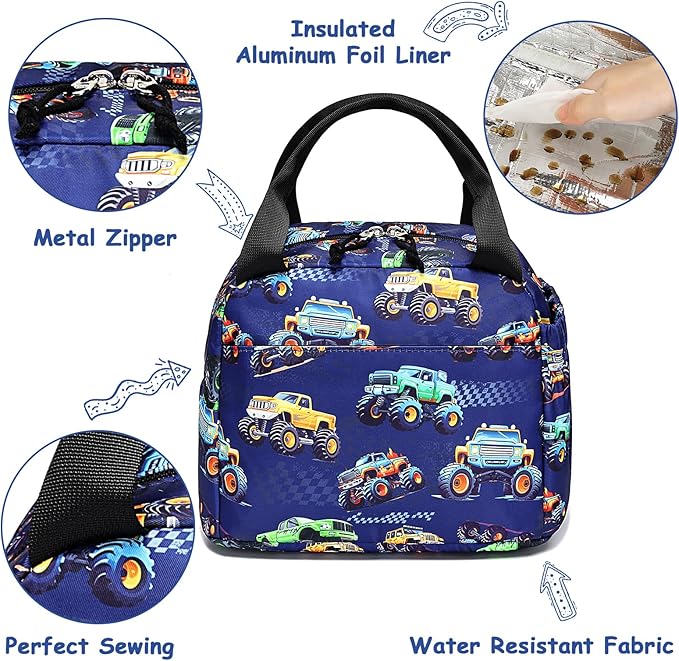 Lunch Box Kids Insulated Lunch Bag Large Reusable Leakproof Cooler Lunch Bags for Boys Girls School Travel Picnic (Navy-Vehicle)