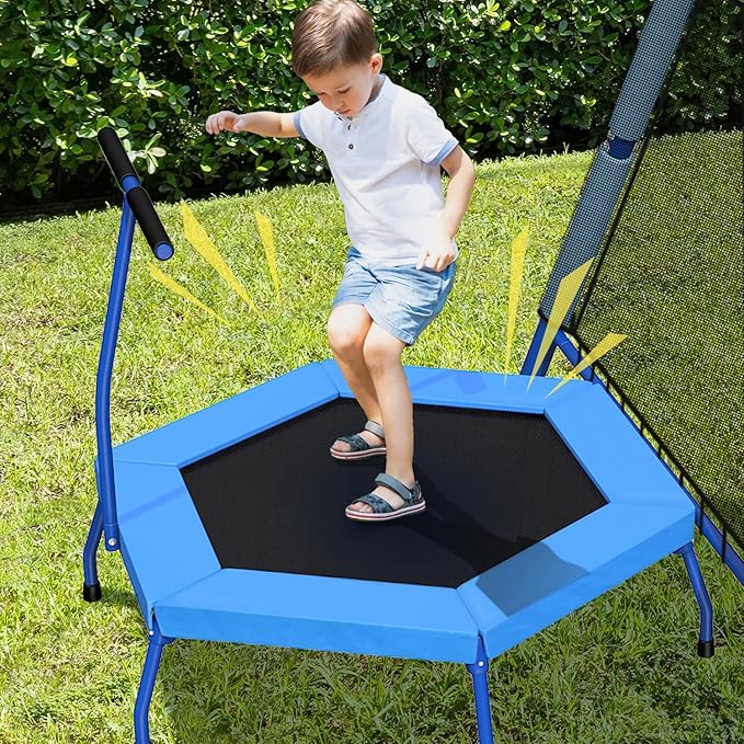 5-in-1 Kids Swing Sets for Backyard with Trampoline, 880lbs Heavy-Duty A-Frame Stand Metal Outdoor with 32 inch Saucer & Belt Swing, 55 inch Trampoline, Basketball Hoop, Led Light & Anchors