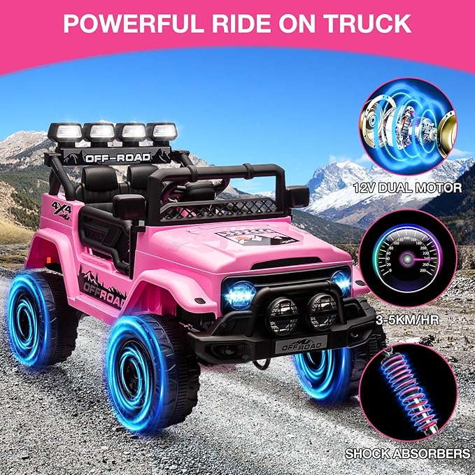 Ride On Truck Car 12V, Electric Vehicle w/Remote Control, 3 Speeds, LED Lights, Music, Spring Suspension, Ride on Car for Kids