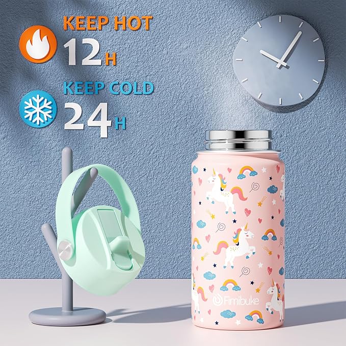 Fimibuke Kids Insulated Water Bottle, 14oz BPA FREE 18/8 Stainless Steel Travel Tumbler Double Wall Vacuum Leak Proof Kids Cup with Straw Metal Water Bottle for School Boys Girls(1 Pack, UNICORN)