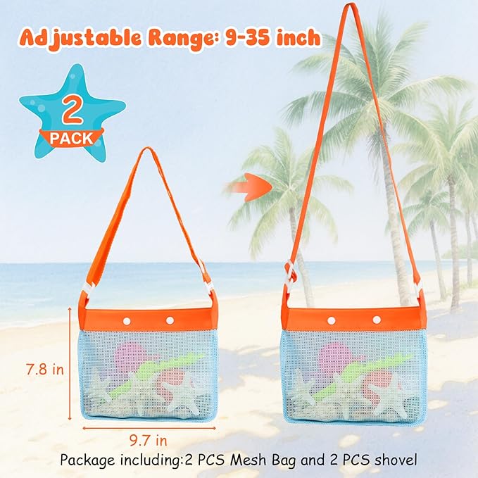 2 PCS Beach Mesh Shovel Sand Sifters with 2 PCS Mesh Beach Bag, Shark Tooth Sifter for Shell Collecting, Filter Sand Scooper Shells Tools for Boys and Girls