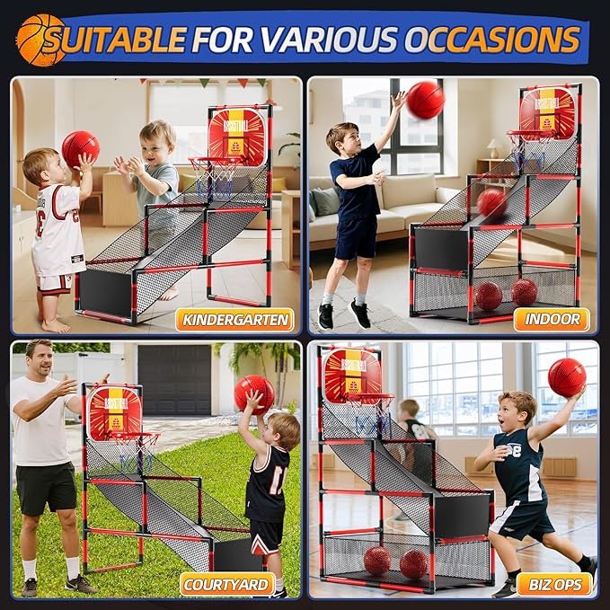 Arcade Basketball Game Indoor, Kids Ajustable Basketball Hoop, Outdoor Carnival Sports Play Toy with 4 Balls and Air Pump, Educational Birthday Gift for Boys Girls 3 4 5 6 7 8 Year Old (Red)