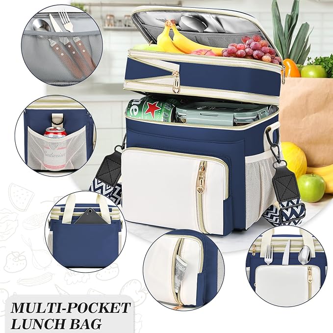 LOKASS Lunch Box for Women/Men-16L-Insulated Lunch Bag, Expandable Double-layer Leakproof Cooler Bag with Upgrade Adjustable Shoulder Strap Ideal for Work/Travel/Picnics（Dark Blue）