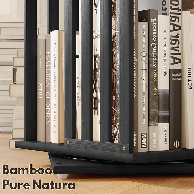 YOWOS Rotating Bookshelf Tower, 360 Display Spinning Bookcase, Bamboo Bookshelf Floor Standing Storage Rack, Wood Narrow Book Shelf Organizer for Kids&Adults (Black, 4 Tier)