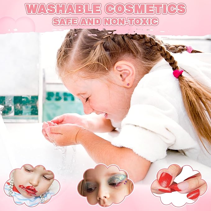 99 Pcs Kids Makeup Kit for Girls, Princess Toys Real Washable Cosmetics Set with Mirror, Hair Ties, Nails, Rings, Earrings, Necklace, Perfect for 3 4 5 6 7 8 Year Old Girls Birthday