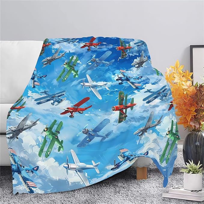 Airplane Blanket Cute Aircraft Plane Throw Blanket Gifts for Girls Women Kids Boys Adults Men Super Soft Cozy Plush Fluffy Fuzzy Fleece Blanket Home Decor 50''X60''