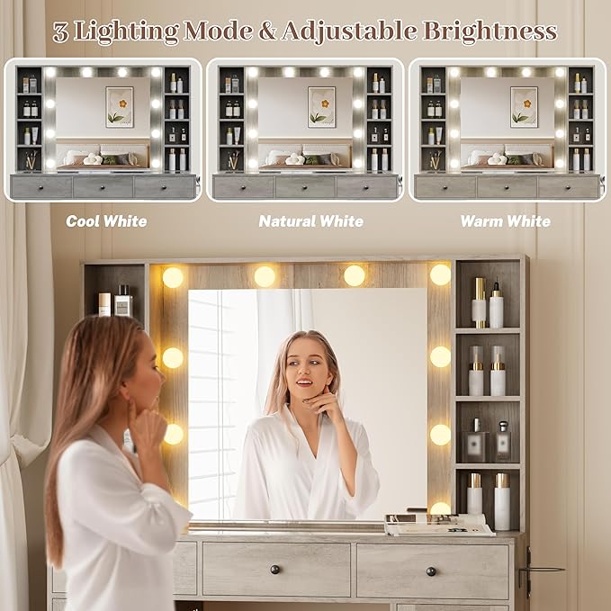 Makeup Vanity with Mirror and Lights, 43'' Wide Dressing Table with Storage Drawers, Open Shelves & Power Outlet, Vanity Desk with RGB Cabinet & Glass Top for Girls Bedroom, Living Room, Grey