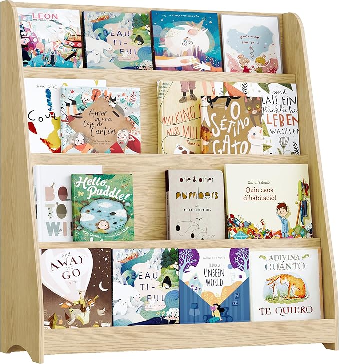 4 Tier Kids Bookshelf and Toy Storage Organizer, Child-Friendly Height & Stable Triangle Design, Toddler Book Shelf for Kids Room, Playroom, Bedroom, Classroom, Nursery, School, Natural