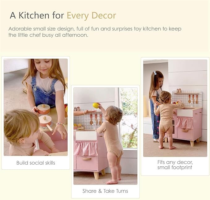 Pink Wooden Play Kitchen with Realistic Features & Accessories, Pretend Cooking Toy for Kids 3+, Ideal Gift for Toddler Boy and Girls