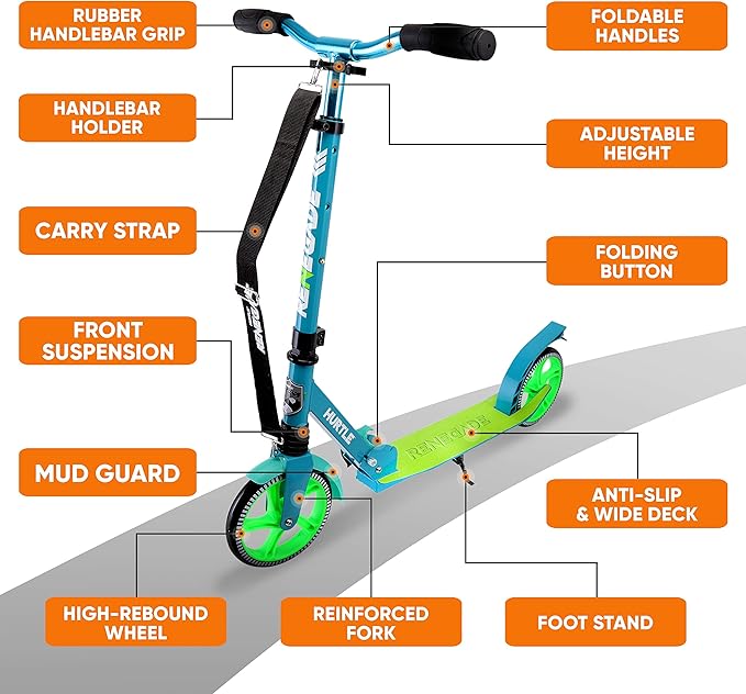 Hurtle Renegade Kick Scooter for Kids, Teenagers & Adults - 2-Wheel Folding Scooter with Adjustable T-Bar Handlebar - Alloy Anti-Slip Deck
