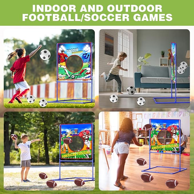 VATOS 2 in 1 Football Toss Target Games and Soccer Toy for Kids, Throwing Target Double-Sided Goal with 2 Inflatable Footballs & 2 Soccer Balls, Indoor Outdoor Back to School Activity Toy Gift