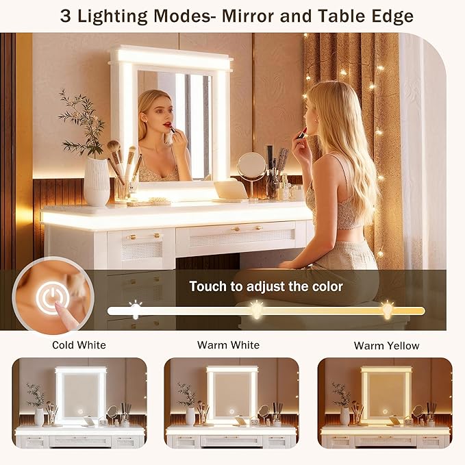 LUMISOL Makeup Vanity Desk with Mirror and Lights, 3 Lighting Modes, 48" Vanity Table with 7 Bamboo Weave Drawers, Dressing Table Set with Cushioned Stool, Light Beige