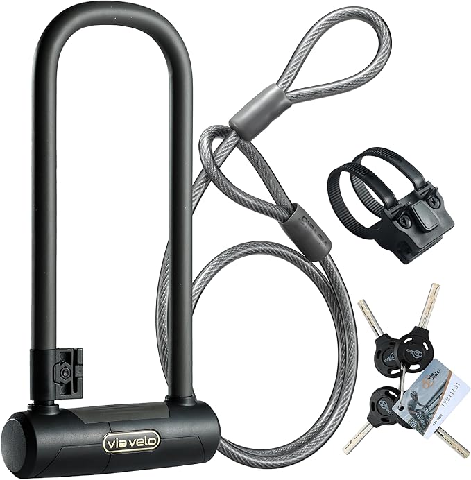Via Velo Bike U Lock with Cable | Pro U Lock 20 CrMnTi Steel 15mm Shackle with Bracket Inside Size:9.6 x 3.5 in Sold Secure Gold Approval for Road Mountain Electric, Folding Bikes Scooter
