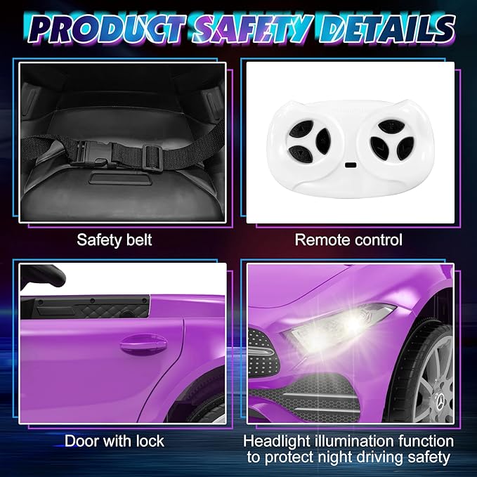 12V Kids Ride On Car with 2.4G Remote Control,Battery Powered Electric Car Ride On Vehicle Double Doors, 5 Point Safety Belt,LED Light (SC-Purple)