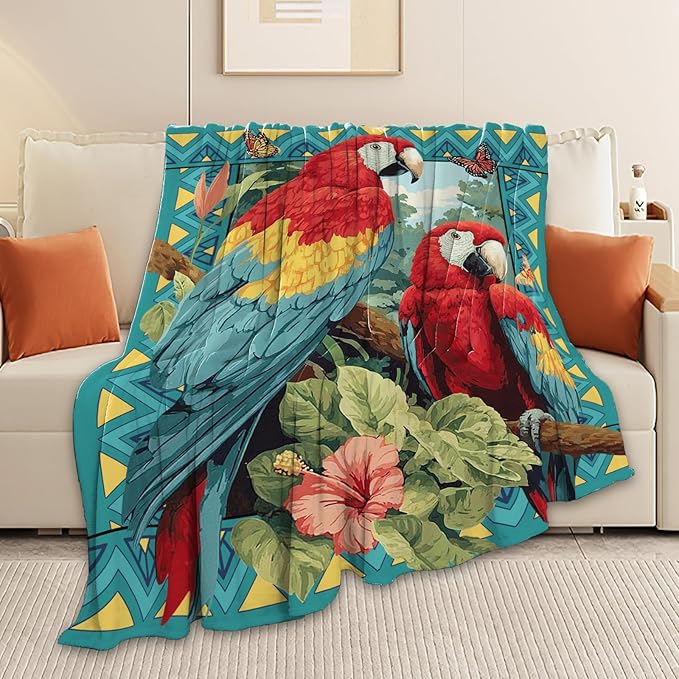 Parrot Bird Throw Blanket Macaw Stuff Gifts for Kids Girls Boys Adults Women Men Soft Cozy Warm Plush Fluffy Fuzzy Fleece Blanket Decor 60''X80''