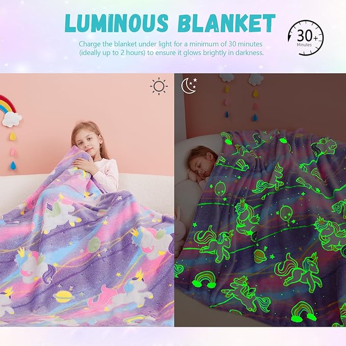 Unicorns Gifts Toys for Girls,Glow in The Dark Unicorns Blanket, Birthday Presents Decor for Kids Age 3-14 Year Old Daughter Teen Child Toddler Luminous Christmas Bedroom Throw Blanket 50"x60"