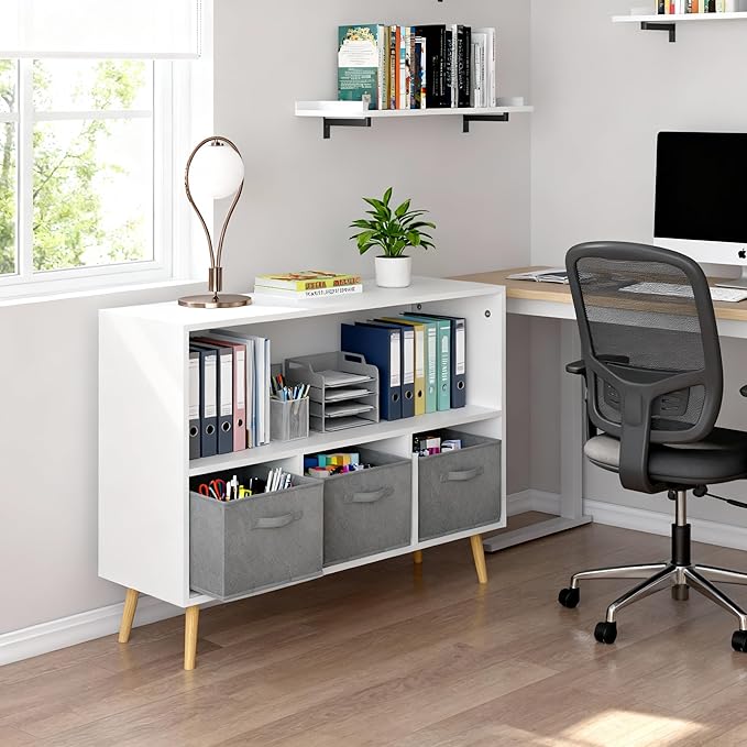 Kids Bookshelf, Wooden Bookshelf with 3 Collapsible Fabric Drawers and Pine Legs, Kids Bookcase with Storage for Books & Toys, White Multifunctional Bookcase for Nursery & Bedroom