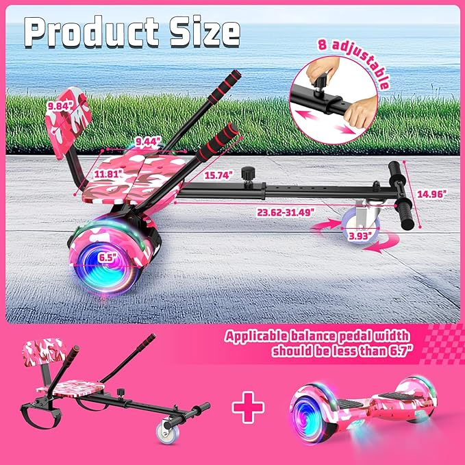 Scooter with Seat Attachment for Kids Adults, 6.5'' 8.5''Balancing Scooter with Bluetooth Speakers & Colorful LED Light with Kart