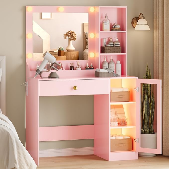 Vanity Desk with Mirror and Lights, Small Makeup Vanity Table with RGB Storage Cabinet & Power Strips & Shelves, 3 Lighting Modes & Adjustable Brightness, Dressing Table for Women Girls Bedroom, Pink