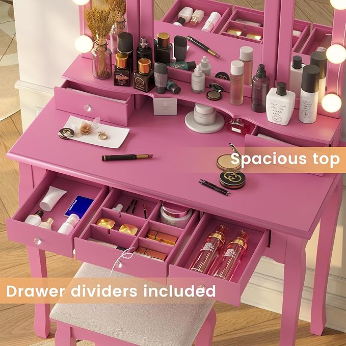 Tiptiper Pink Vanity with Tri-Fold Mirror, 10 Hollywood Lights & Stool, Girls Makeup Vanity Table with 5 Drawers & Jewelry Hooks, 3 Light Settings & Adjustable Brightness, Pink