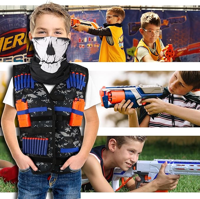 Kids Tactical Vest Kit for Nerf Guns Series with Refill Darts,Dart Pouch, Reload Clips, Tactical Mask, Wrist Band and Protective Glasses,Nerf Vest Toys for 4 5 6 7 8 9 10 11 12 Year Boys(2 Pack)
