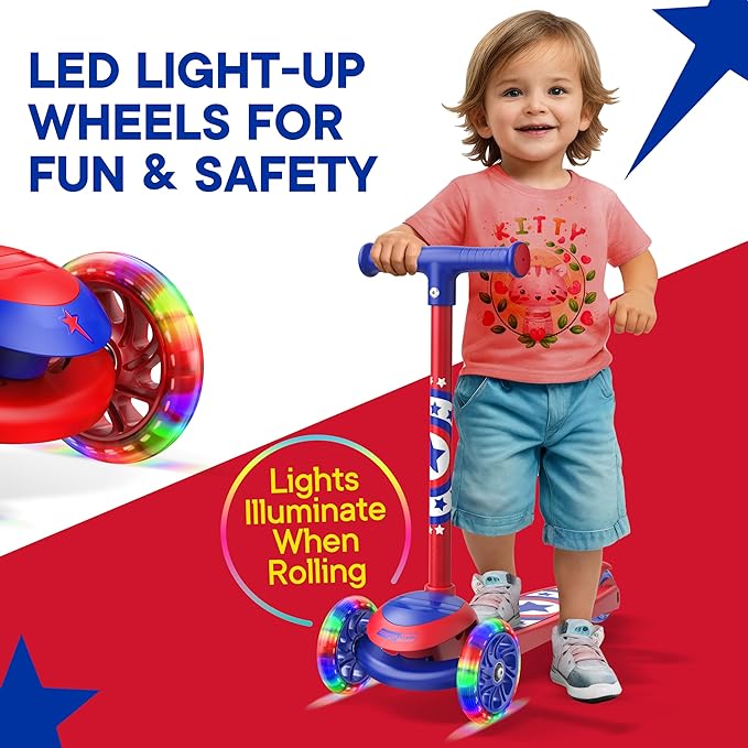 3 Wheel Scooter for Kids, Smooth Light Up LED Front Wheels, Wide Anti Slip Deck, Rear Foot Brake, Easy Lean to Steer Maneuvering, Indoor & Outdoor Ride On Toys for Ages 2 Up