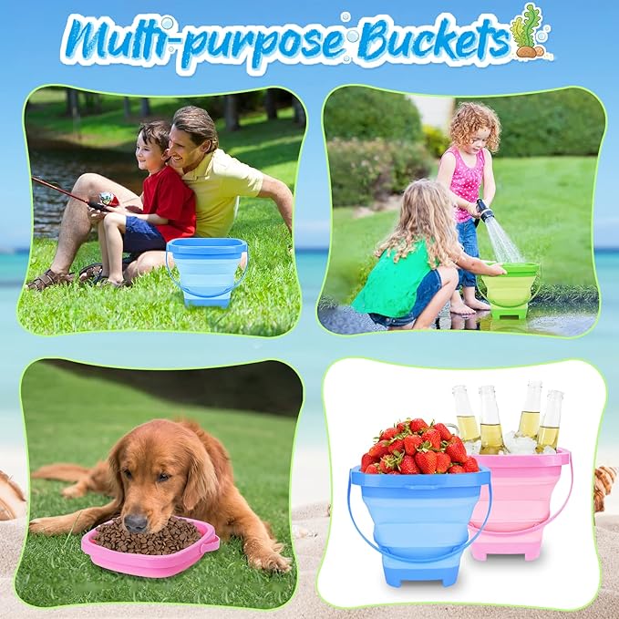 Collapsible Foldable Beach Buckets and Shovels Set - Kids Beach Toys with Mesh Bag & Sand Molds, Silicone Pails for Travel