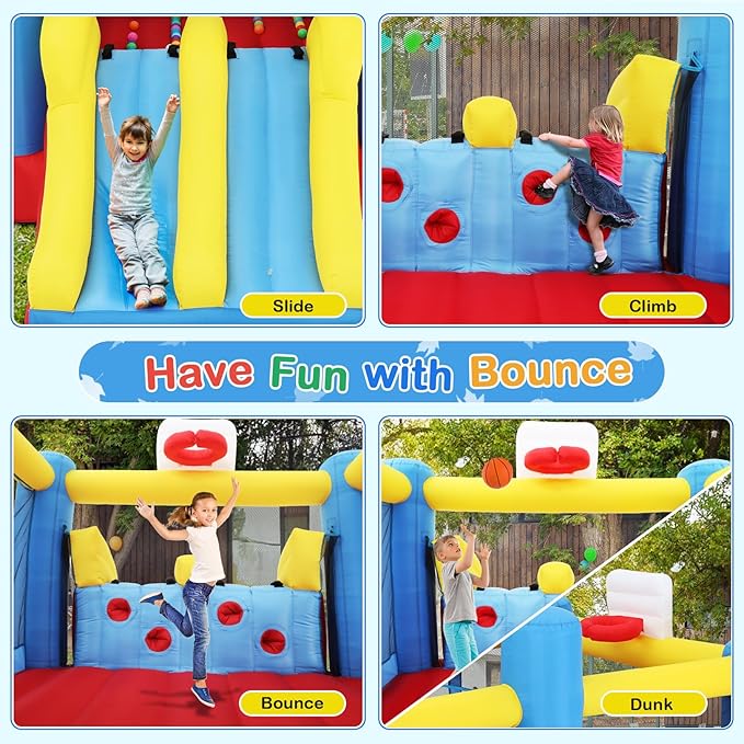 Big Bounce House for Kids 8-12 Girls/Boys Gifts, 15ft Ball Game Inflatables Bouncy House with Double Slide 3-12 Bouncy Castle with Blower, Jump House with Slide, Double Basketball Hoop