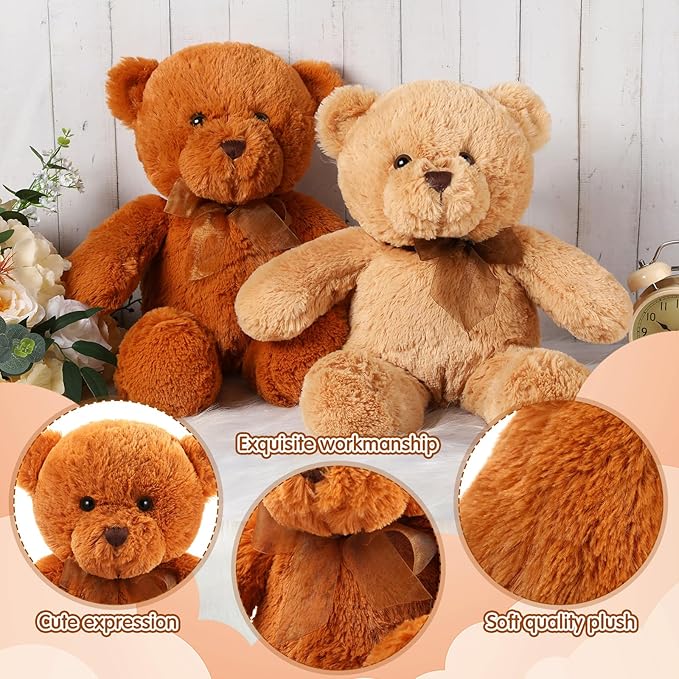 HyDren 2 Pack Plush Bear Stuffed Animals 18 Inch Cuddly Stuffed Bear Plushies with Bow for Birthday Gifts Baby Shower Party Favor Decors Operation Christmas Bulk(Light Brown,Brown)