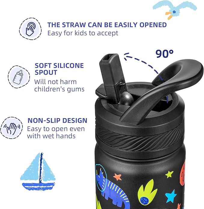 Fanhaw 14 Oz Kids Insulated Water Bottle with Straw - Stainless Steel Double Wall Vacuum Cup, Leakproof, BPA Free, Suitable for Boys and Girls(Black - Space Dinasour)