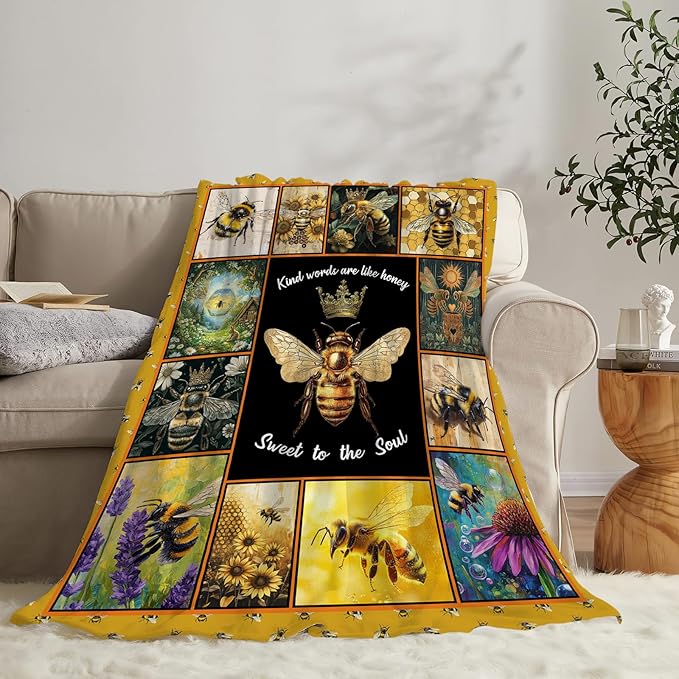 Bee Blanket Ultra Soft Cozy Bee Queen Throw Blanket Fleece Fuzzy Plush Bee Honey Blanket Decor Gifts for Women Girls Adults Couch Sofa 50"x40"
