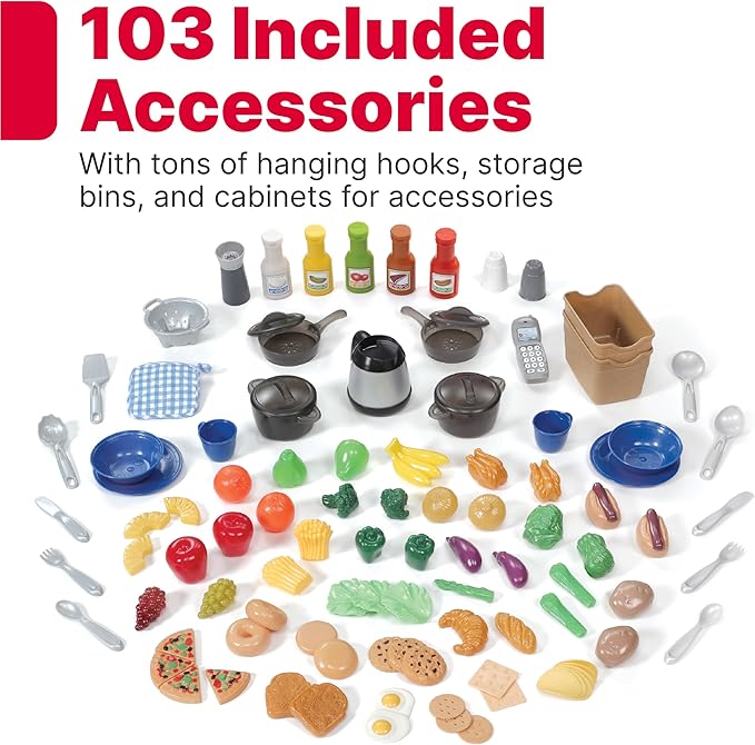 Step2 Grand Walk-In Kitchen & Grill Kids Playset, Indoor/Outdoor Kitchenette, Interactive Play with Lights and Sounds, Durable Plastic, 103 Piece Toy Accessories, Toddlers 2+ Years Old, Brown/Tan