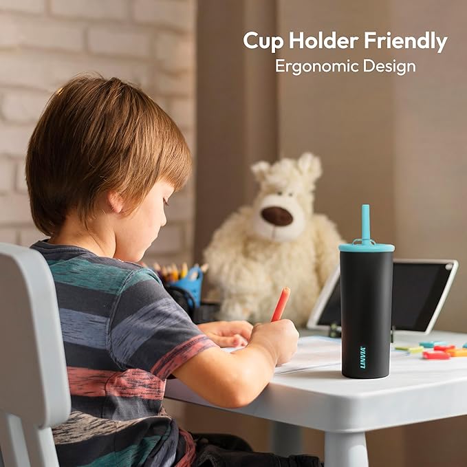 Candy Tumbler, 20 oz Kids Insulated Stainless Steel Water Bottle with Spill Resistant Silicone-Metal Straw and 2-in-1 Lid, BPA-Free, Cup Holder Friendly, Dishwasher Safe, Dark Black
