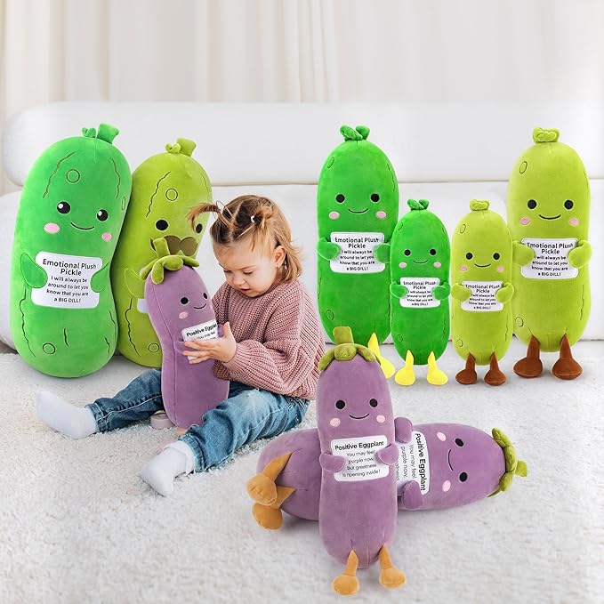 Positive Eggplant Pickle,Pickle Stuffed Animal-20” Plush Eggplant Stuffed Animal with Positive Words,Kawaii Plush Toys Vegetable Plushies Pillow,Birthday&Christmas Gifts for Kids Adults