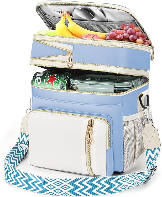 LOKASS Lunch Box for Women/Men-16L-Insulated Lunch Bag, Expandable Double-layer Leakproof Cooler Bag with Upgrade Adjustable Shoulder Strap Ideal for Work/Travel/Picnics（Sky Blue）