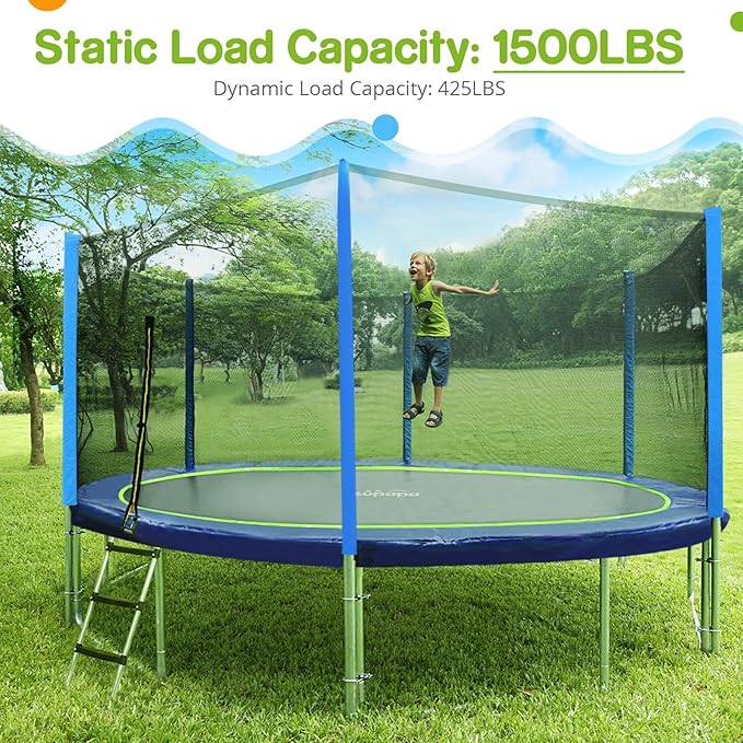 Zupapa No-Gap Design 16 15 14 12 10FT Trampoline with Safety Enclosure Net and Non-Slip Ladder 10-Year Quality Assurance Perfect for Kids Family Outdoor Backyard Fun