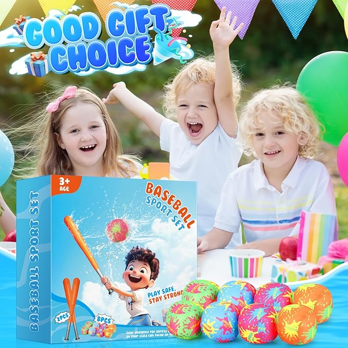 Baseball Toys for Kids 3-5: Baseball Set with 2 Bats and 8 Oversized 7CM Water Absorbing Balls Toddler Baseballs for Boys 3-5 Summer Outdoor Play Toy for Boys & Girls Baseballs Kids Gifts