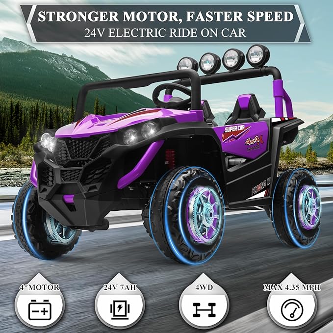 OTTARO 2 Seater Ride on Car Truck,24V Electric Vehicle Car for Kids 3-8 Years,200W Motors,4 Shock Absorbers, Music Play,Bright Light, Remote Control(Purple)