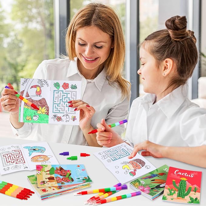 BenLouis 12 Summer Mini Coloring Books Kids with 12 Stacking Crayons Pool Beach Party Favors Small Activity Books Bulk for Kids Summer Birthday Party Gift Goodie Bag Stuffers