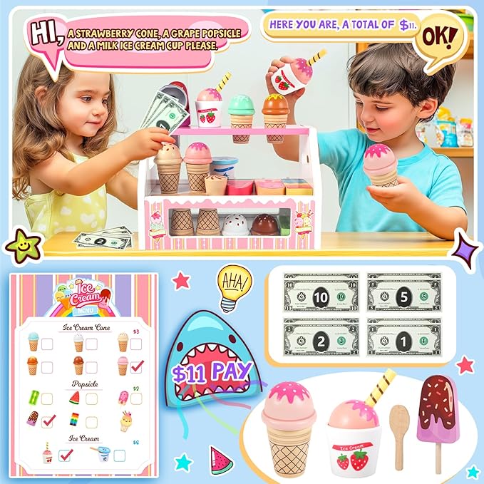 Ice Cream Toy, Wooden Ice Cream Toys for Kids Toddlers, Pretend Play Kitchen Food Toys, Wooden Play Store Counter Shop Playset for Toddlers, Toy Gift for 3 4 5 6 7 8 Year Old Girls Boys