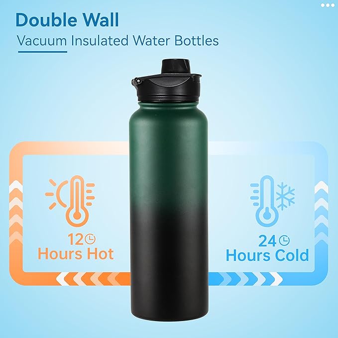 VEGOND 40 oz Insulated Water Bottle Stainless Steel Metal Water Bottles with Leak Proof Straw Lid & Spout Lid, Wide Mouth Double Walled Vacuum Travel Sports Bottle, Dark Green Black
