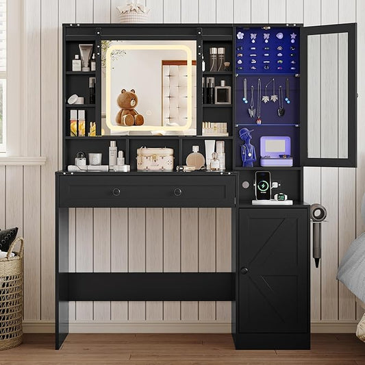 Makeup Vanity Desk with Sliding Mirror and Lights, Farmhouse Vanity Table Set with Power Outlet & RGB Cabinet, Dressing Table with Storage Drawers & Shelves for Kids Girls Women Bedroom, Black