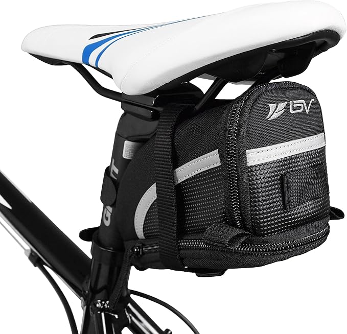 BV Strap-On Bike Bag with Reflective Material - Capacious Saddle Bag with Seperate Divider for Small Items & Room for All Your Essentials - Bike Pouch with Taillight Hanger for Maximum Safety