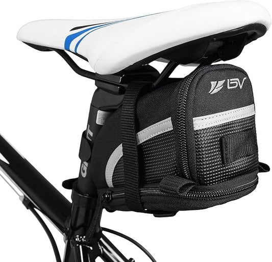 BV Strap-On Bike Bag with Reflective Material - Capacious Saddle Bag with Seperate Divider for Small Items & Room for All Your Essentials - Bike Pouch with Taillight Hanger for Maximum Safety