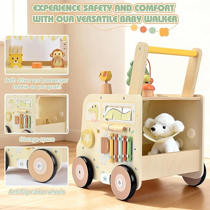 Wooden Activity Cube Push Walker, Wooden Baby Walker, Montessori Toys for Babies 10-12 Months 1 2 3 Years Old Boys & Girls, Help Learning to Walk & Sit-to-Stand