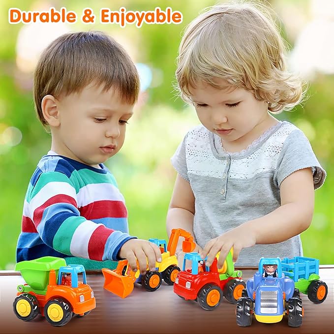 Inertia Toy Early Educational Toddler Baby Toy Friction Powered Cars Push and Go Cars Tractor Bulldozer Dumper Cement Mixer Engineering Vehicles Toys for Children Boys Girls Kids Gift 4PCS
