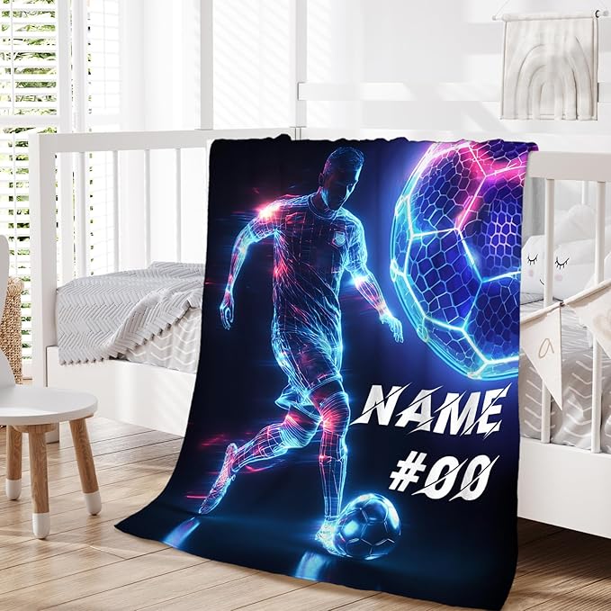 Personalized Soccer Blanket, Gifts for Soccer Lover, Cool 80 x 60 Inches Soft Cozy Throws, Gifts for Boy Men, Soft Warm Fuzzy Throw Blankets for Bed, Living Room, Home Decor
